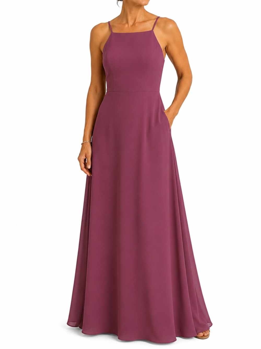 David’s Bridal Chiffon High-Neck Bridesmaid Dress Mauve Spaghetti-Strap